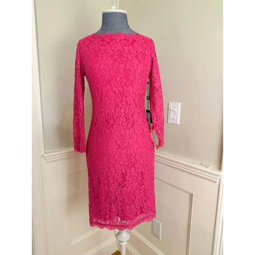 Adrianna Papell Fuchsia Pink Lace Long Sleeve Sheath Dress Size 2 NWT